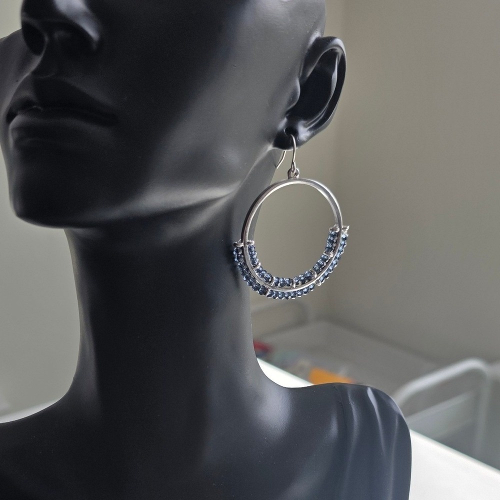 Marlyn Schiff Silver Tone Double Row Blue Beaded Hoop Earrings Fishhook Wire NEW